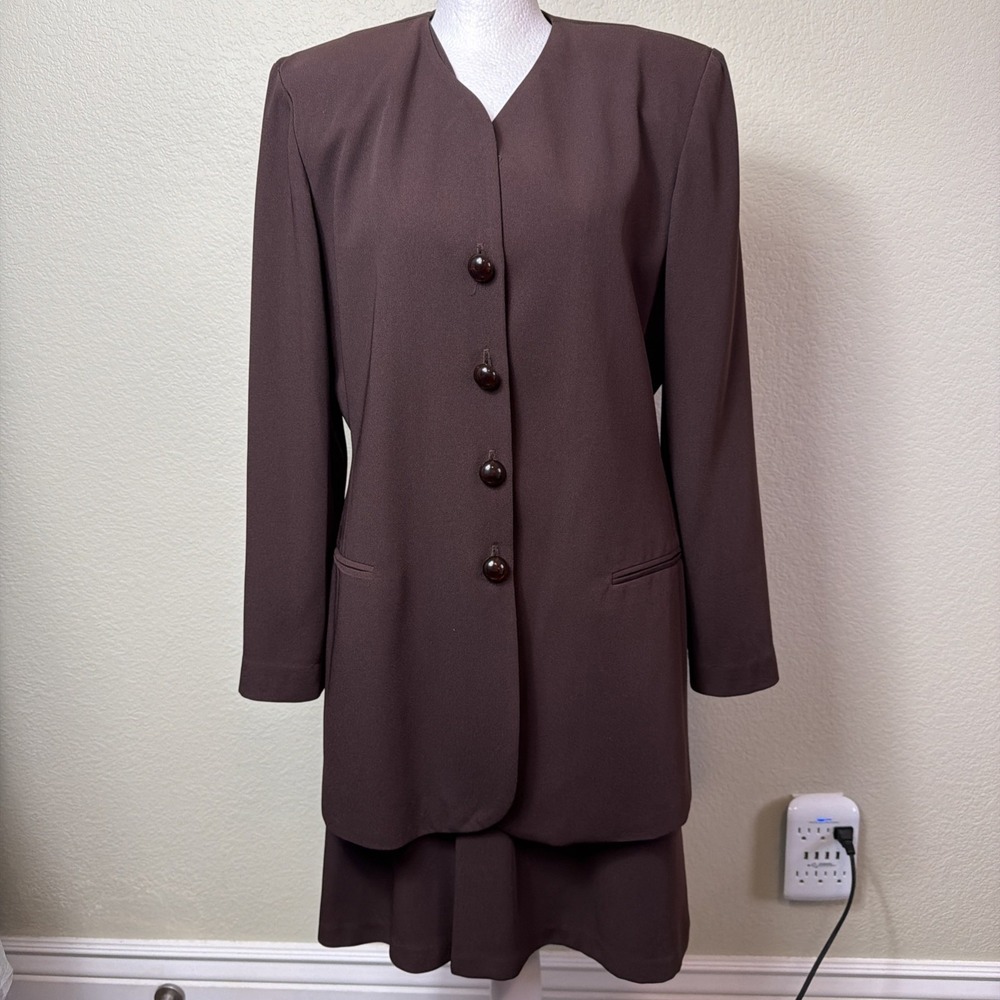 Studio I Vintage 3 Pc Skirt Suit Set Womens 6 Brown Long Blazer Vest Midi Skirt